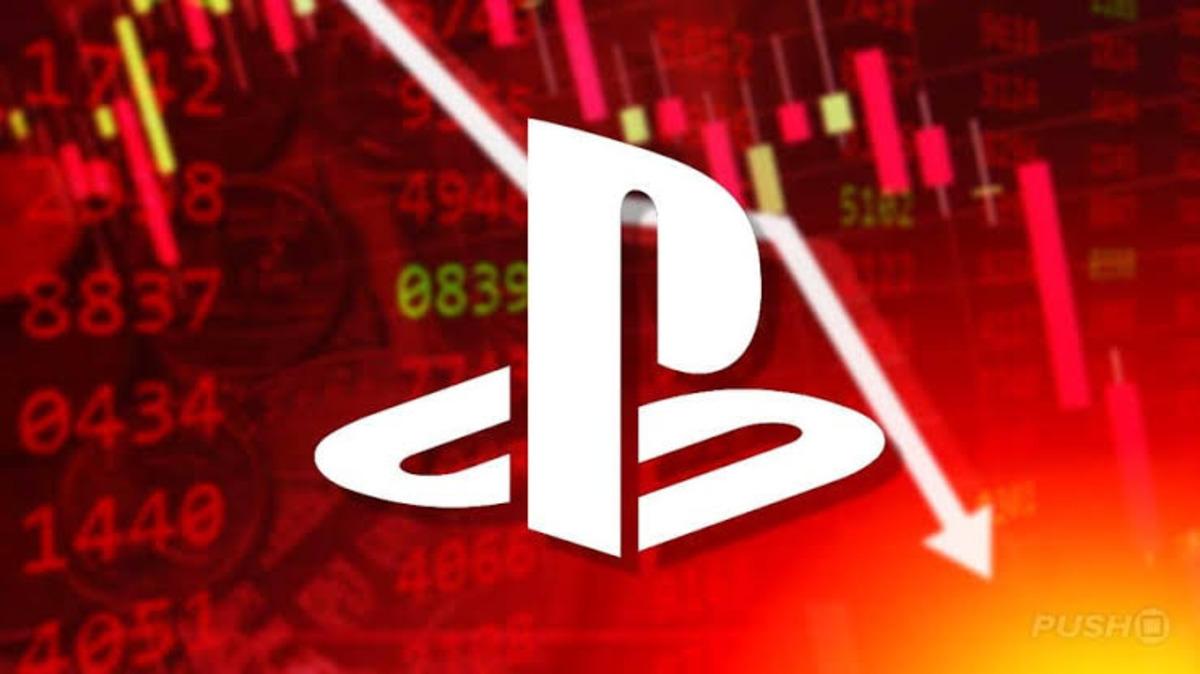 PlayStation logosu ve kırmızı finansal grafik arka planı.