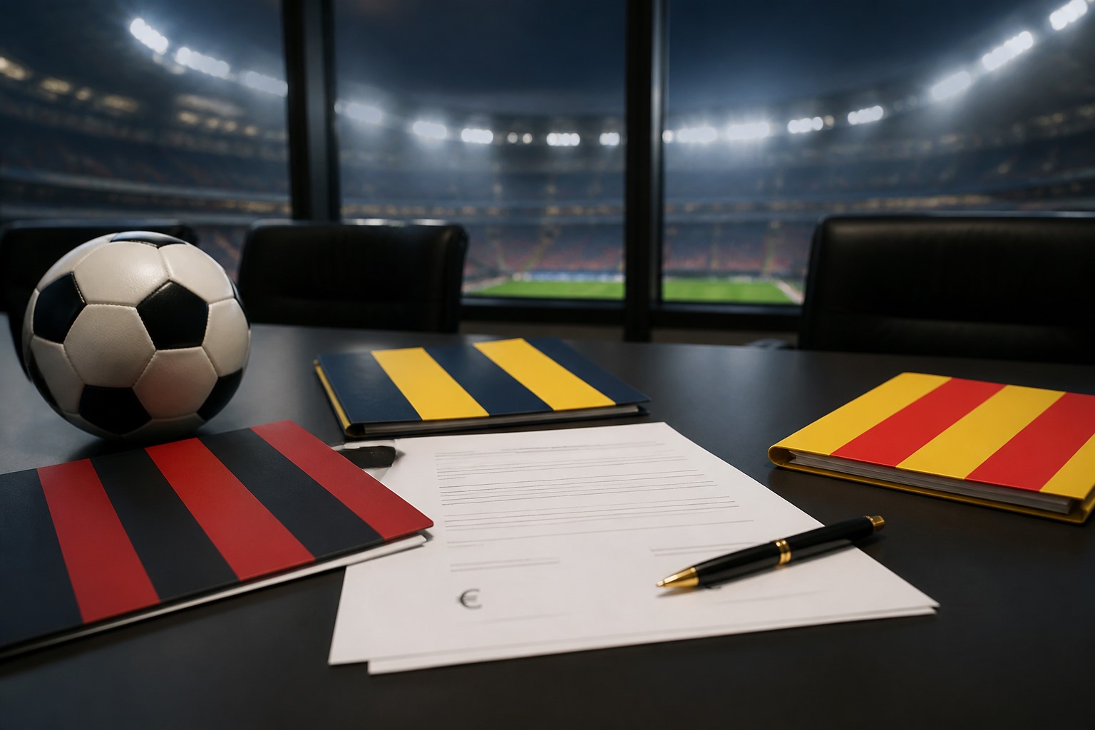 Futbol transfer görüşmelerini simgeleyen sözleşme evrakları, top ve kulüp renklerini çağrıştıran dosyalar.