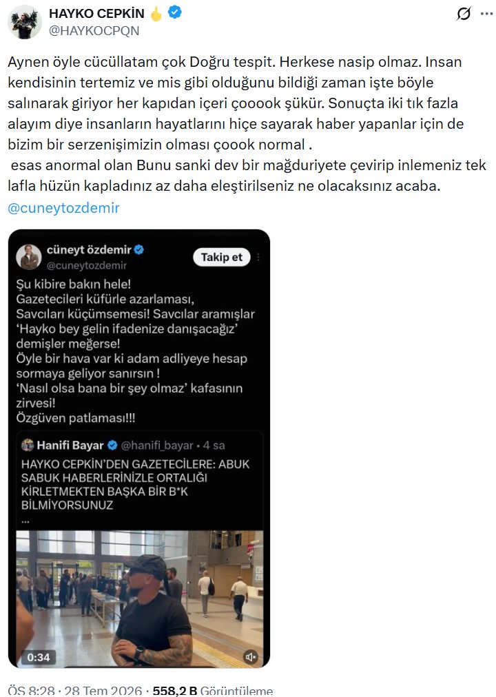 Hayko Cepkin'in Cüneyt Özdemir'in paylaşımını alıntıladığı sosyal medya ekran görüntüsü.