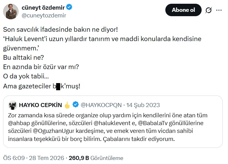 Cüneyt Özdemir'in Hayko Cepkin'in 2023 tarihli paylaşımını alıntıladığı sosyal medya ekran görüntüsü.