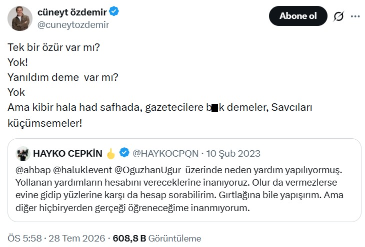 Cüneyt Özdemir'in Hayko Cepkin'in 2023 tarihli başka bir paylaşımını alıntıladığı sosyal medya ekran görüntüsü.