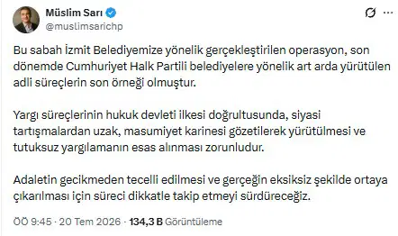 Müslim Sarı'nın İzmit Belediyesi operasyonuna ilişkin X paylaşımının ekran görüntüsü.