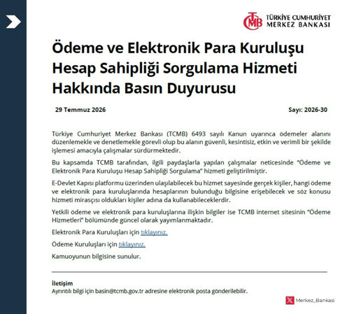 TCMB'nin Ödeme ve Elektronik Para Kuruluşu Hesap Sahipliği Sorgulama Hizmeti hakkında yayımladığı basın duyurusu.
