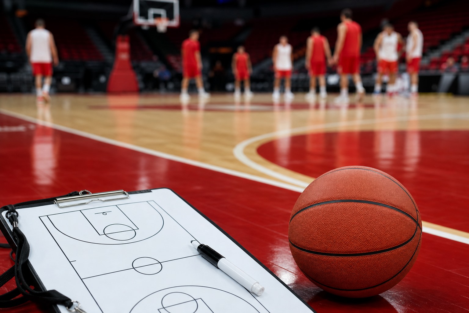 Basketbol sahasında taktik panosu ve topun yer aldığı temsili spor görseli.