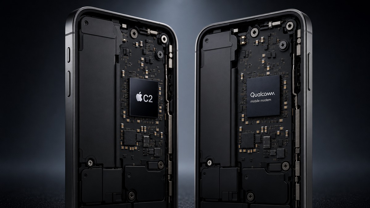 İki telefonun iç donanımını ve Apple C2 ile Qualcomm modem karşılaştırmasını gösteren teknoloji görseli.