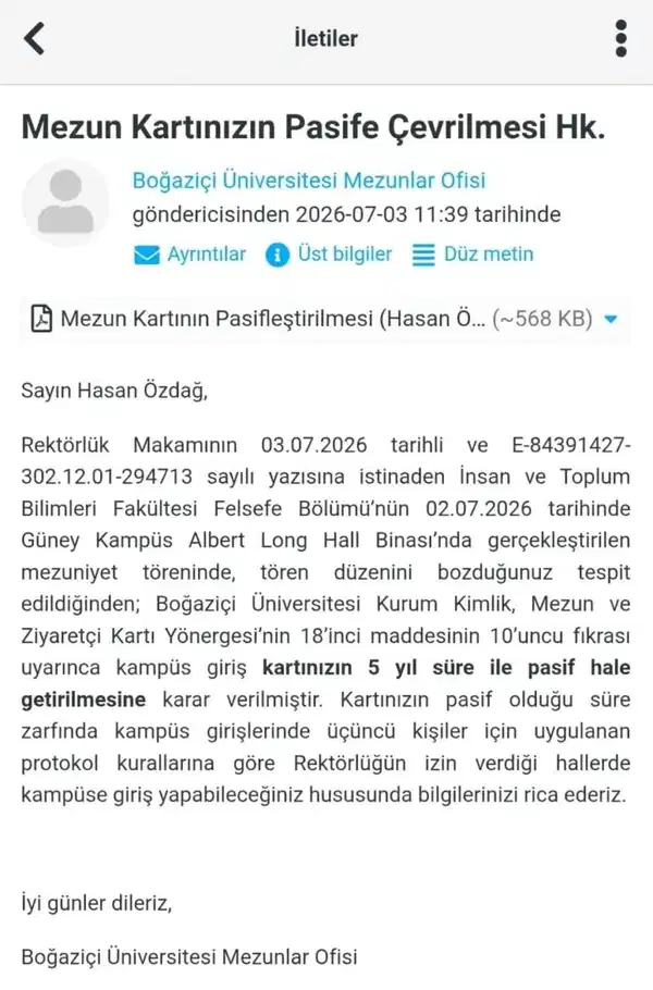 Boğaziçi Üniversitesi Mezunlar Ofisi imzasıyla gönderildiği görülen mezun kartı pasifleştirme yazısının ekran görüntüsü.