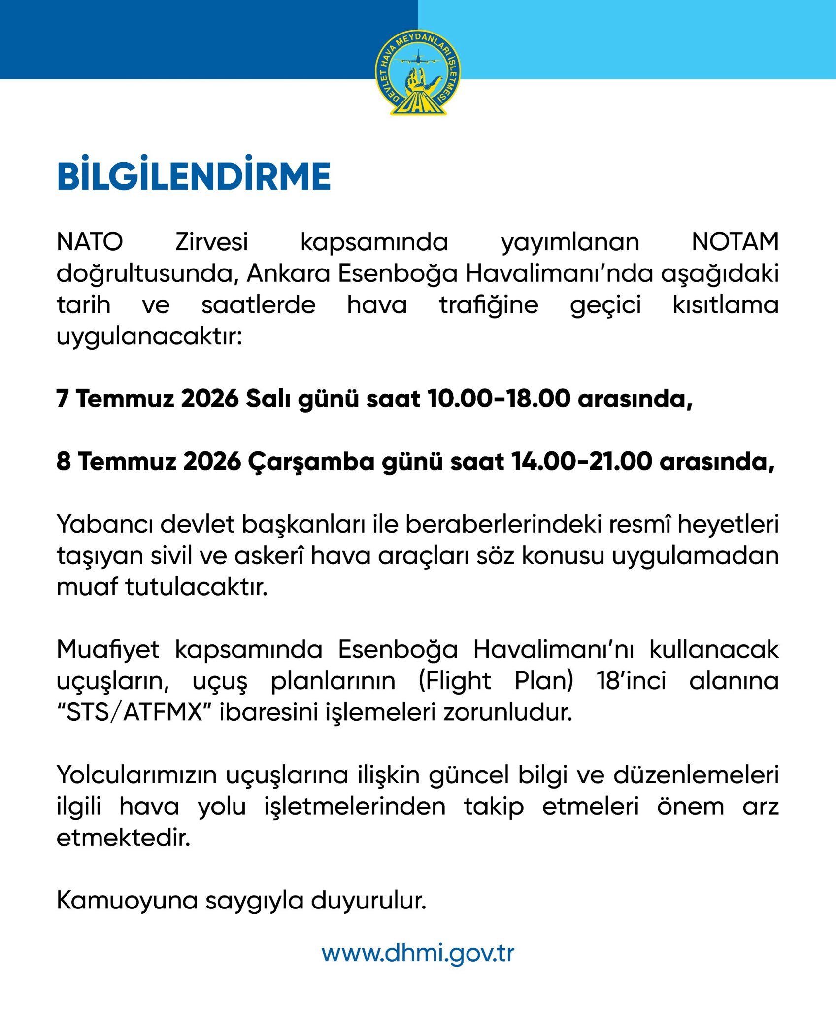 DHMİ’nin Esenboğa Havalimanı’ndaki geçici hava trafiği kısıtlamasına ilişkin bilgilendirme görseli.