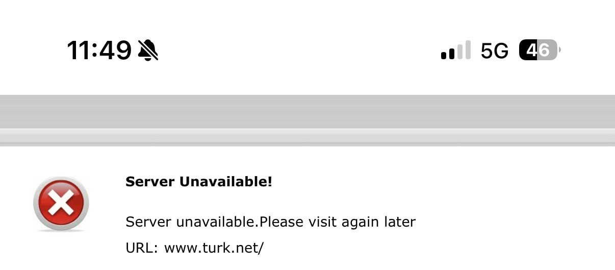 TürkNet adresine erişim sırasında ekranda görülen Server unavailable uyarısı.