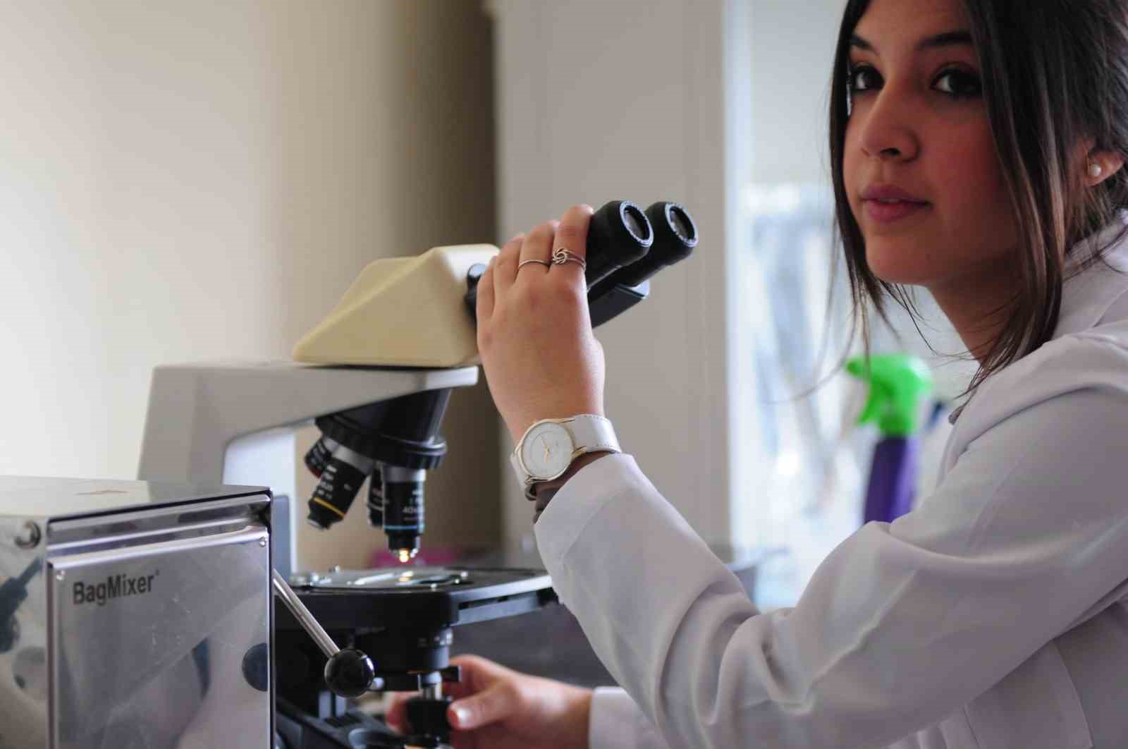 Laboratuvarda mikroskop başında çalışan bir araştırmacı.