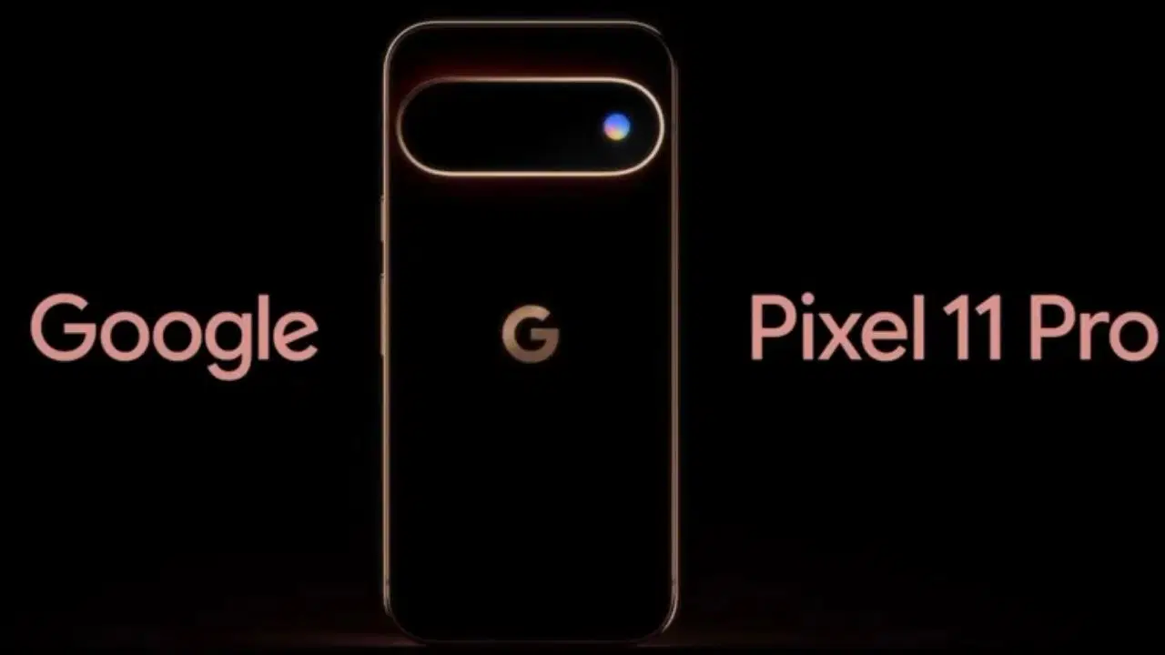 Pixel 11 Pro yazısı ve telefonun arka yüzünü gösteren tanıtım görseli.