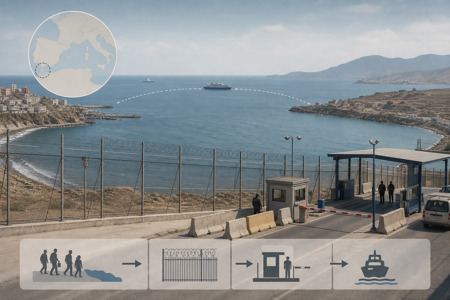 Ceuta çevresindeki sınır ve geçiş kontrollerini sembolik olarak anlatan editoryal görsel.