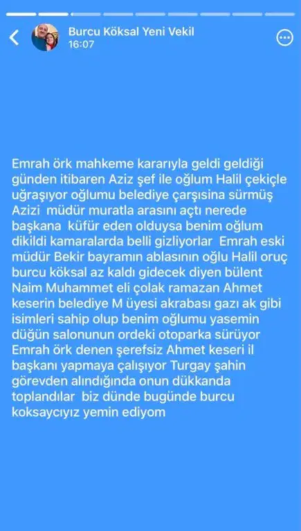 WhatsApp durum ekranında belediye içi tartışmalara dair uzun bir metin bulunan ekran görüntüsü.