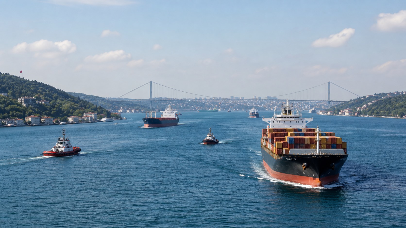 İstanbul Boğazı’nda gemi trafiğini temsili olarak gösteren editoryal görsel.