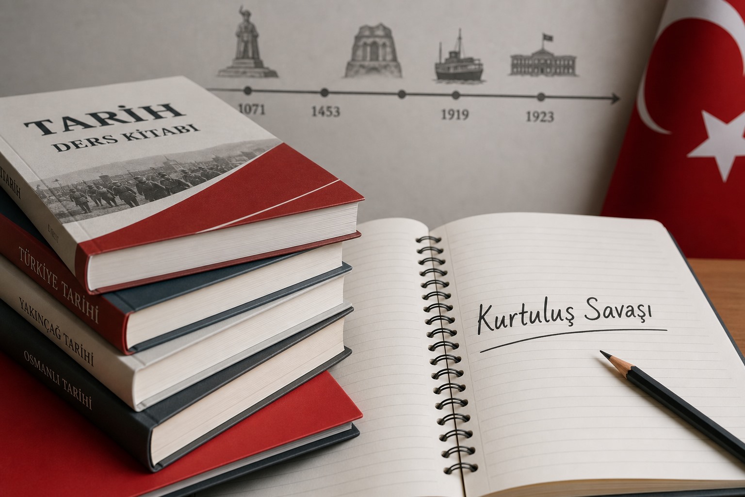 Kurtuluş Savaşı başlığının yer aldığı ders notları ve okul kitaplarını gösteren sembolik görsel.