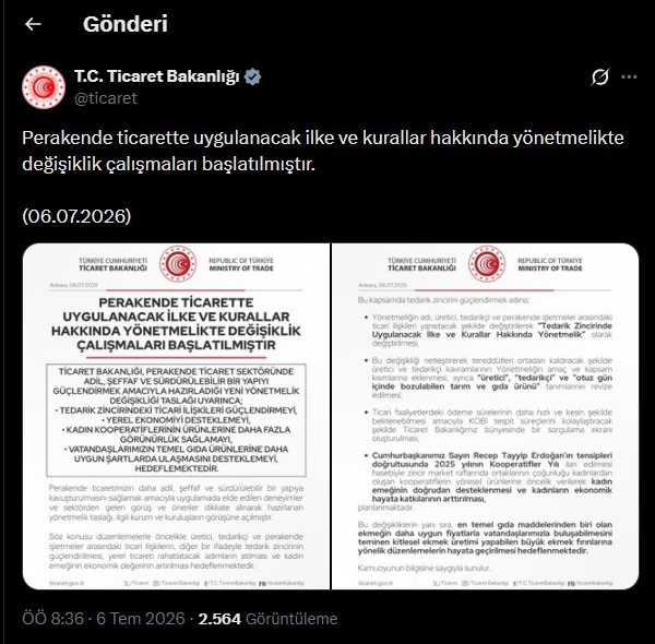 Ticaret Bakanlığı'nın perakende ticarette uygulanacak ilke ve kurallar hakkındaki yönetmelik değişikliğine ilişkin sosyal medya paylaşımı.