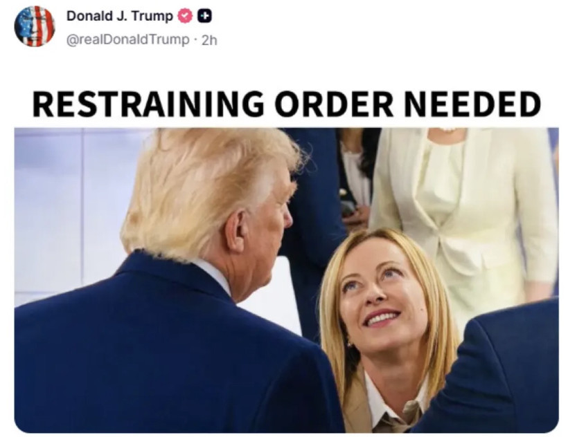 Donald Trump’ın Truth Social hesabından paylaştığı, Giorgia Meloni ile çekilmiş fotoğrafın üzerine yazı eklenmiş görsel.