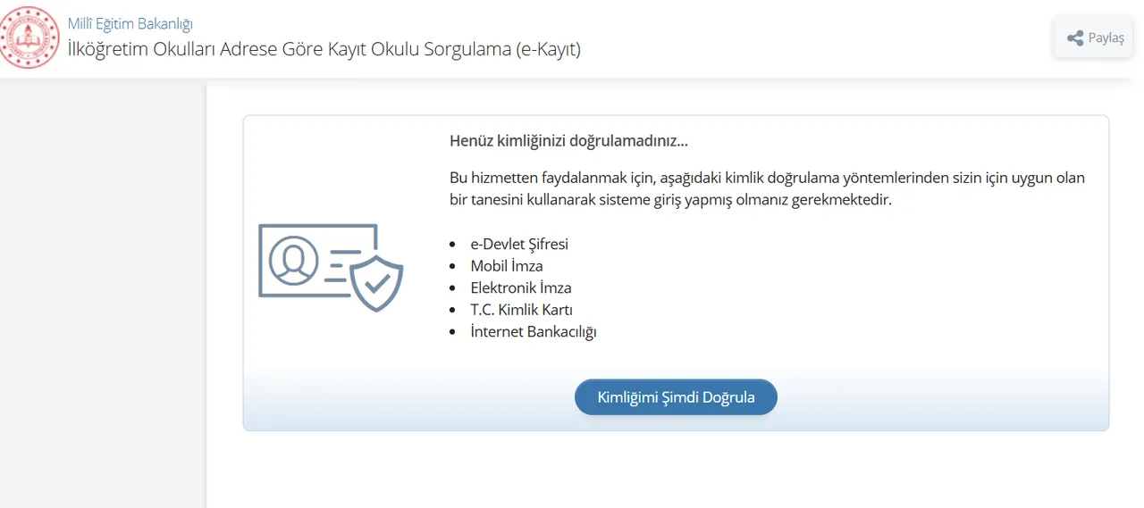 e-Devlet üzerinde ilköğretim okulları adrese göre kayıt okulu sorgulama ekranı.