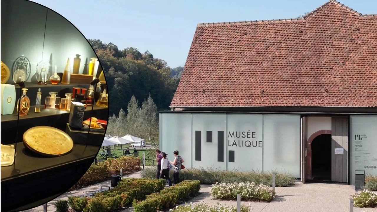 Wingen-sur-Moder’deki Lalique Müzesi’nin dış görünümü ve sergilenen eserlerden oluşan görsel.