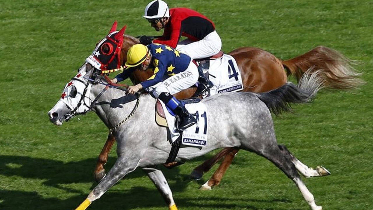 Yarış pistinde at binen jokeyler.