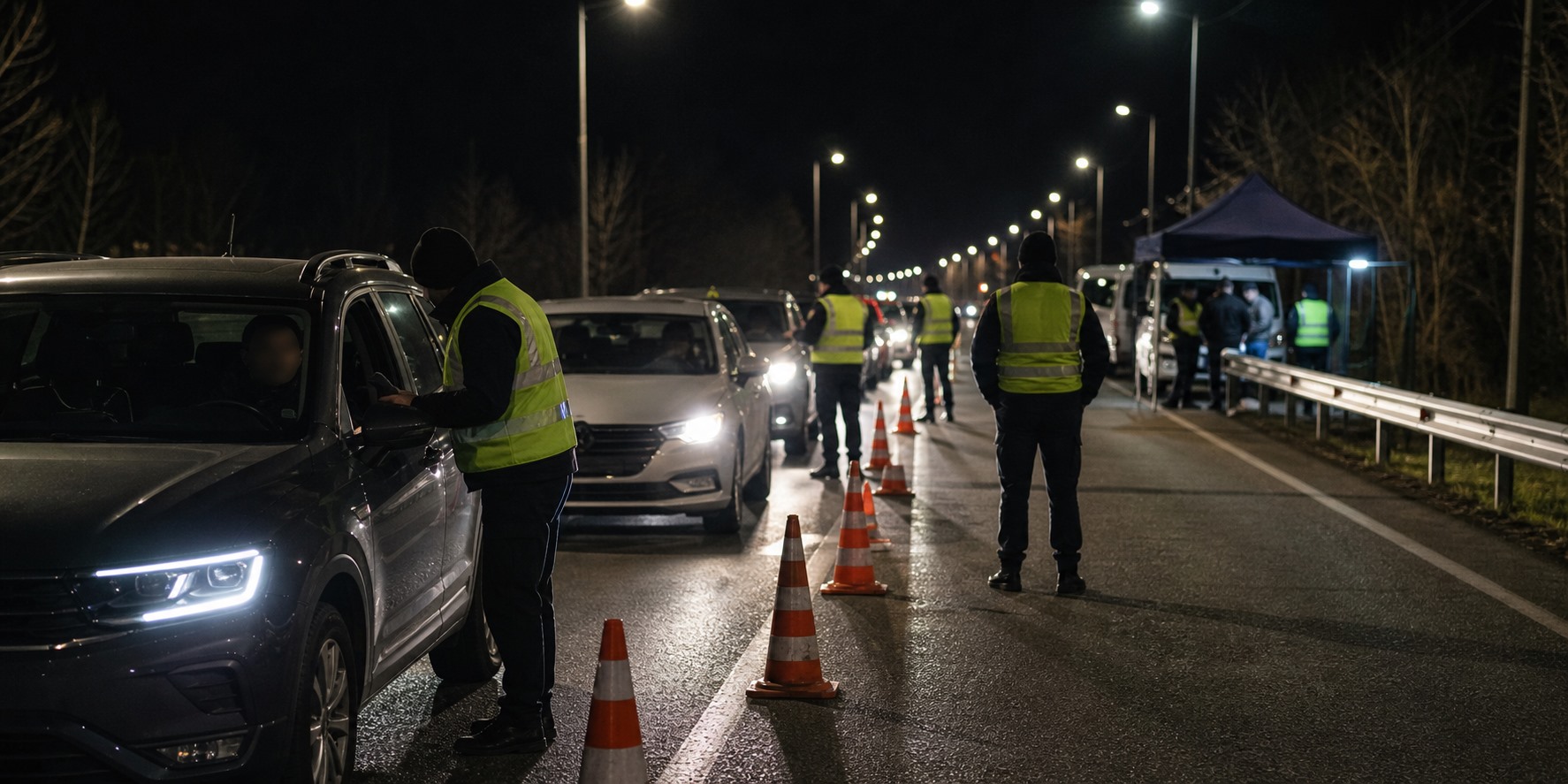 Gece saatlerinde yol kontrol noktasını temsil eden, kimliği belirlenemeyen kişilerin yer aldığı editoryal illüstrasyon.