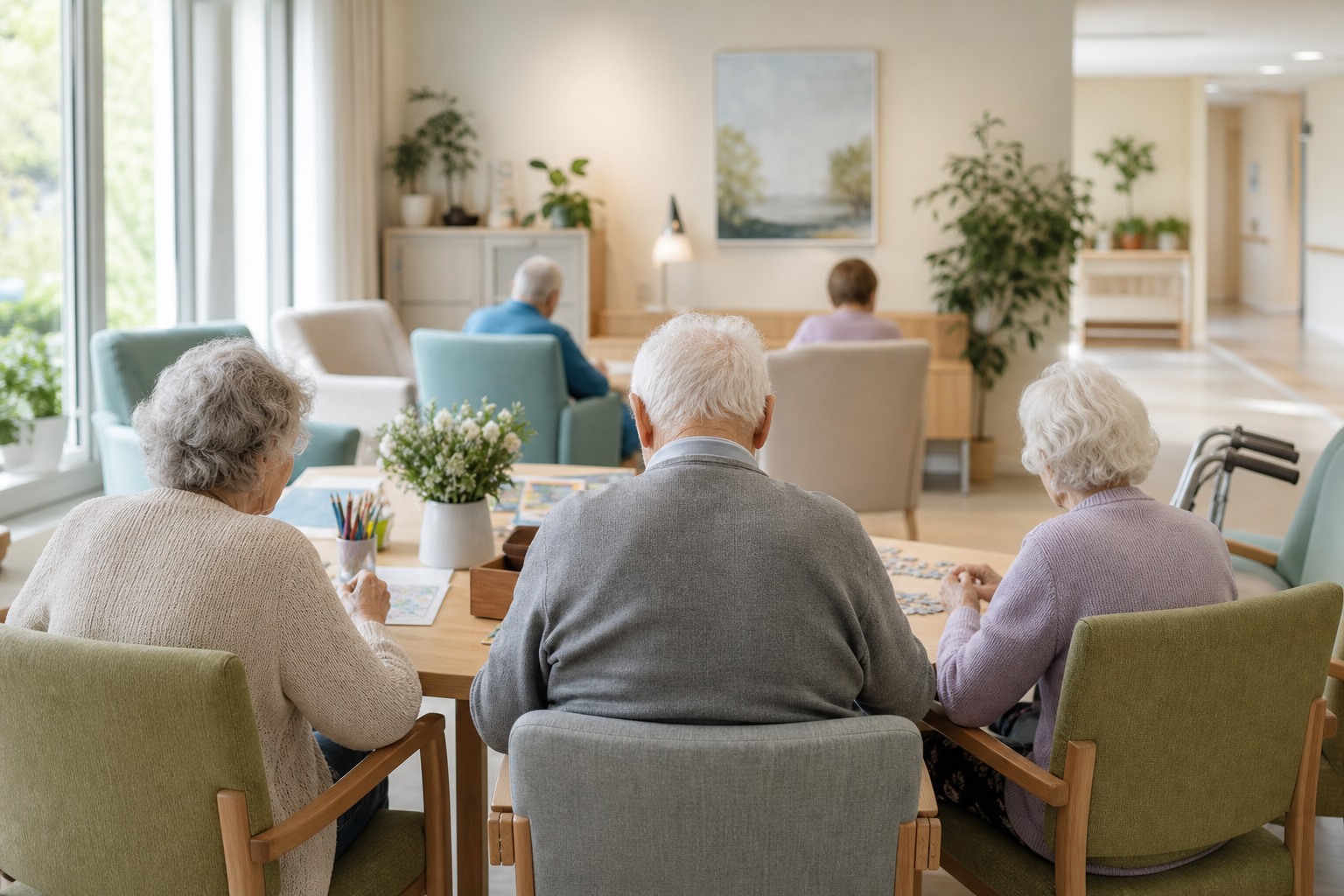 Alzheimer bakım merkezini temsil eden, sakin ve erişilebilir bir etkinlik odası görseli.