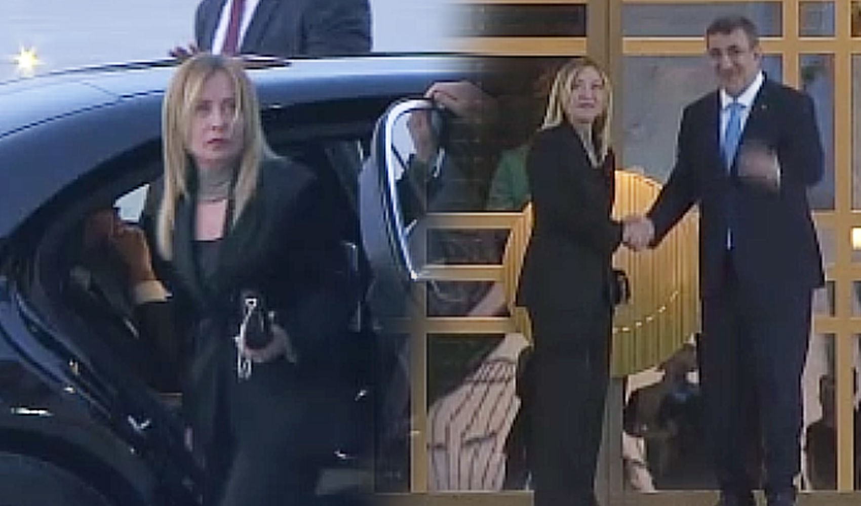 Giorgia Meloni’nin resmi temasları sırasında çekilmiş iki kareden oluşan görüntü.