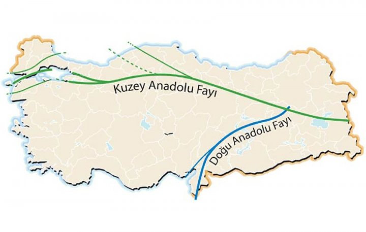 Türkiye haritası üzerinde Kuzey Anadolu Fayı ve Doğu Anadolu Fayı çizimleri.