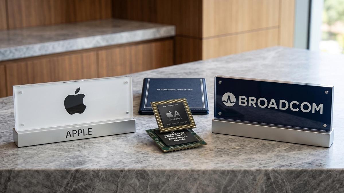 Apple ve Broadcom tabelaları ile çip modüllerini gösteren masa üstü görsel.