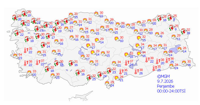 Türkiye haritası üzerinde il il hava durumu ve sıcaklık tahminleri yer alıyor.