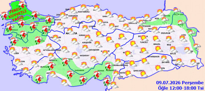 Türkiye haritasında yerel kuvvetli sağanak beklenen bölgeler yeşil renkle işaretlenmiş görünüyor.