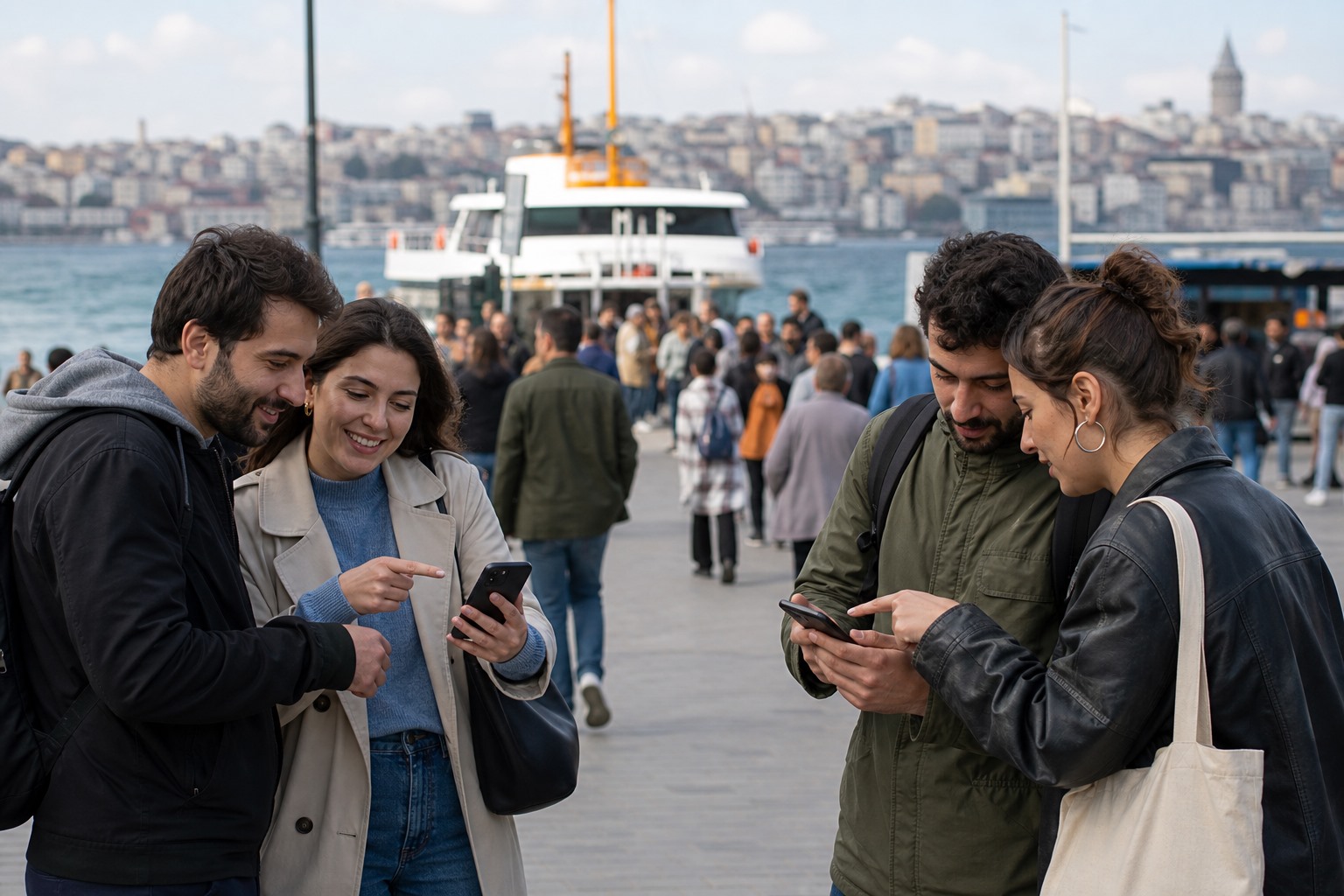 Kalabalık bir şehir noktasında akıllı telefonla buluşan kişileri gösteren temsili görsel.