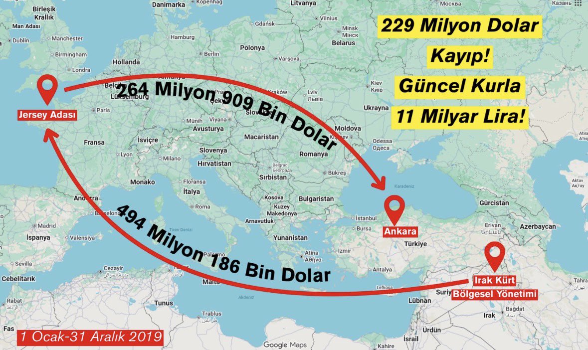Jersey Adası, Ankara ve Irak Bölgesel Kürt Yönetimi arasında petrol taşıma gelirlerine ilişkin para akışını gösteren harita grafiği.