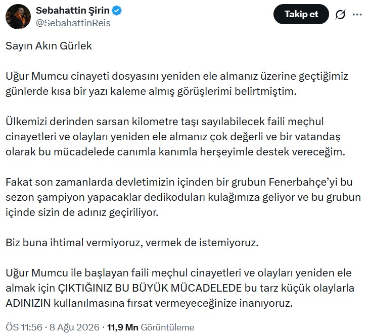 Sebahattin Şirin adına açılmış sosyal medya hesabından yapılan paylaşımın ekran görüntüsü.