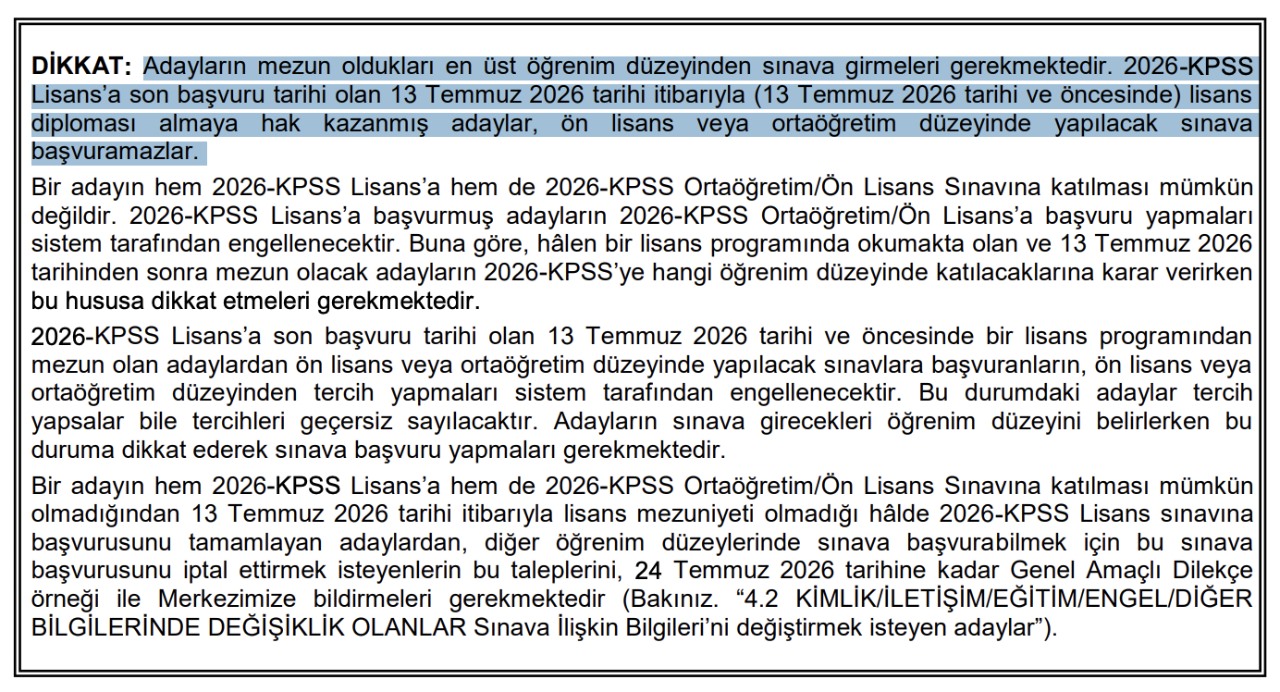 KPSS kılavuzunda öğrenim düzeyine ilişkin uyarı metni.