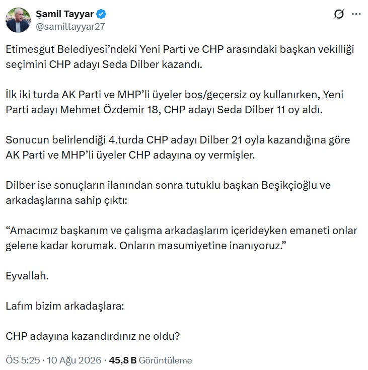 Şamil Tayyar’ın Etimesgut Belediye Başkanvekilliği seçimi sonrası yaptığı sosyal medya paylaşımının ekran görüntüsü.