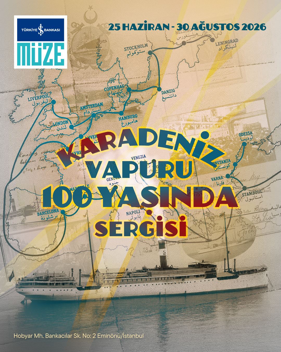Karadeniz Vapuru 100 Yaşında sergisinin rota haritası ve sergi afişi görseli.