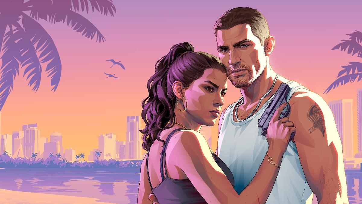 GTA 6 tanıtım görselinde iki karakter ve arka planda tropik şehir manzarası görülüyor.