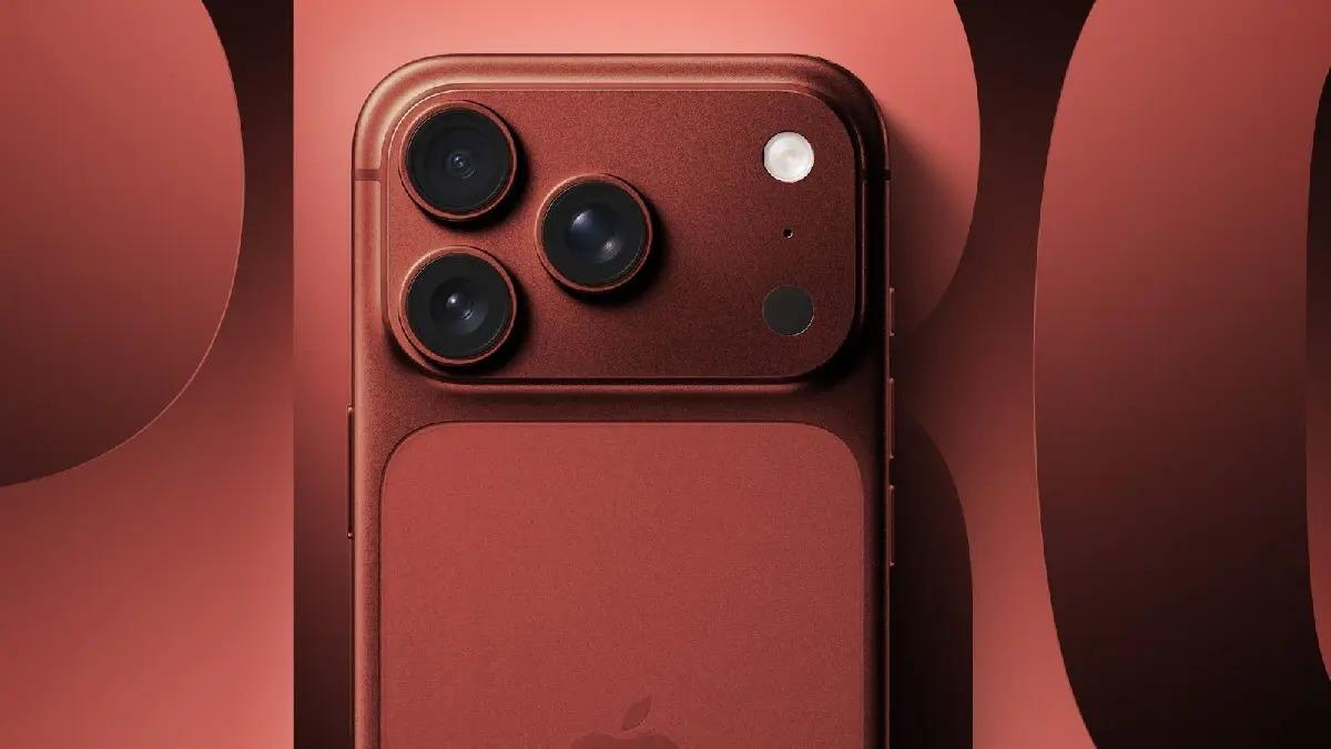 Kırmızı tonlarda, üç kameralı üst seviye bir iPhone modelinin arka yüzünü gösteren görsel.