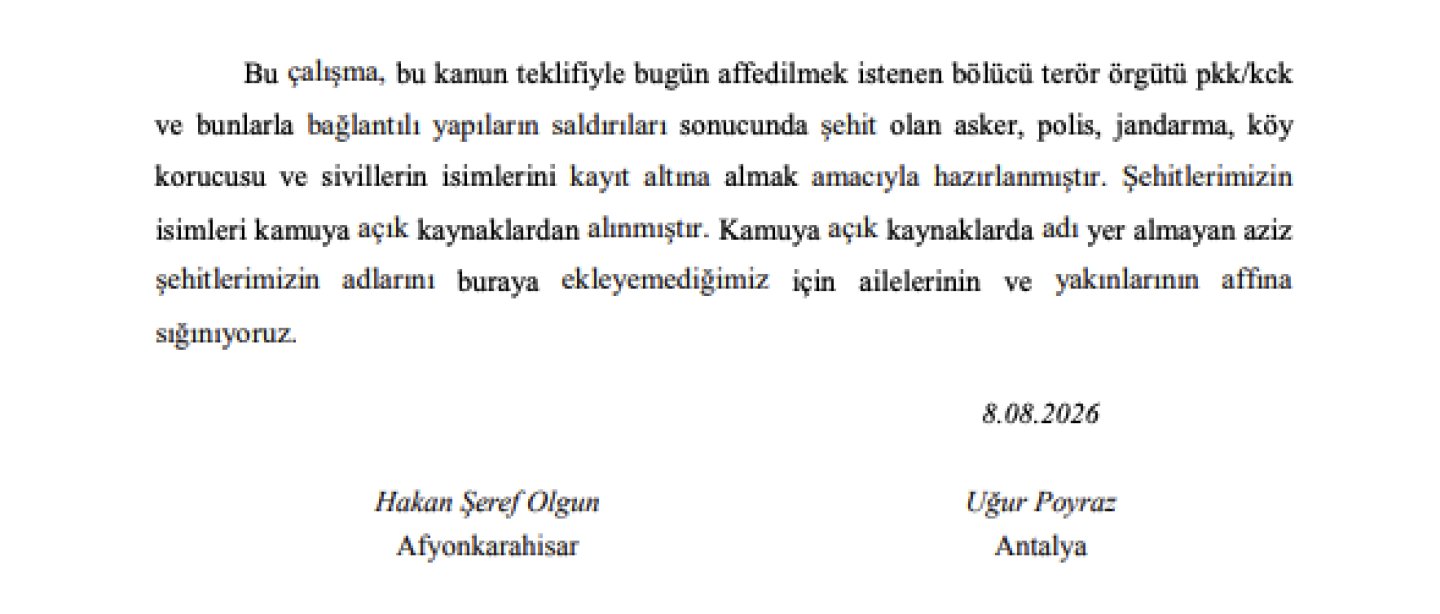 İYİ Parti’nin muhalefet şerhinden, şehit isimlerinin kayda geçirilmesine ilişkin metin bölümü.