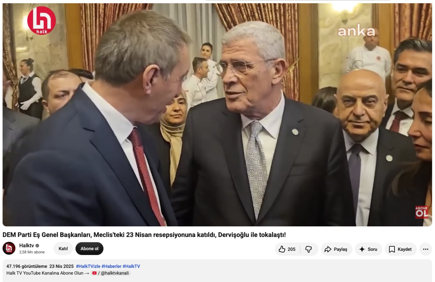 Halk TV YouTube sayfasında 23 Nisan 2025 tarihli resepsiyon videosunun ekran görüntüsü.