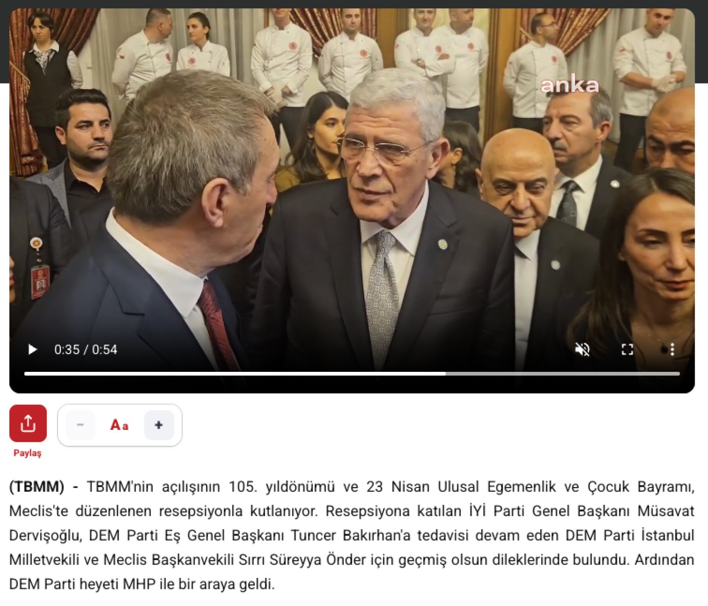 ANKA kaynaklı haber ve videoda Dervişoğlu ile Bakırhan’ın 23 Nisan resepsiyonundaki konuşmasına dair ekran görüntüsü.