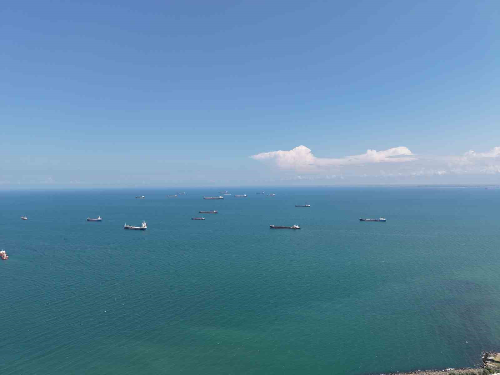 Açık denizde sıralı halde bekleyen ticari gemiler ve geniş deniz manzarası.
