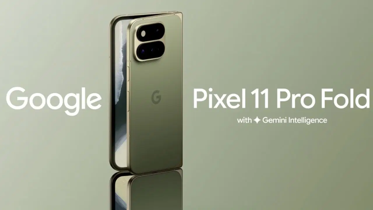 Google Pixel 11 Pro Fold modelini gösteren tanıtım görseli.