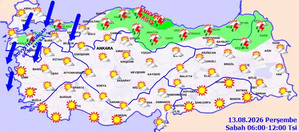 Türkiye haritası üzerinde 13 Ağustos 2026 sabah saatleri için yağış, güneş ve rüzgar tahminlerini gösteren hava durumu haritası.