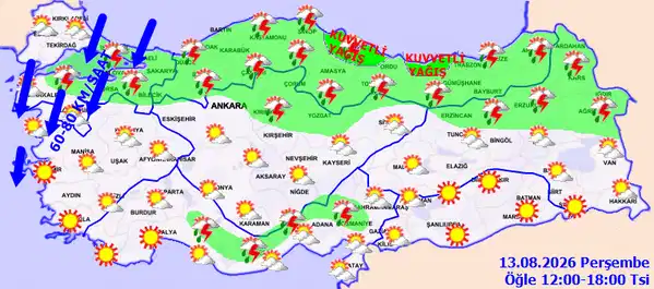 Türkiye haritası üzerinde 13 Ağustos 2026 öğle saatleri için kuvvetli yağış ve rüzgar alanlarını gösteren meteorolojik tahmin haritası.