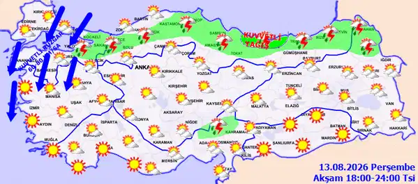 Türkiye genelinde 13 Ağustos 2026 akşam saatlerine yönelik bulutluluk, sağanak ve rüzgar tahminlerini gösteren harita.