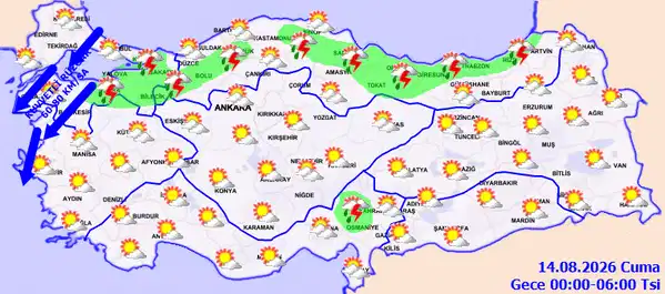 Türkiye haritası üzerinde 14 Ağustos 2026 gece saatleri için yağış, bulutluluk ve rüzgar tahminlerini gösteren MGM haritası.