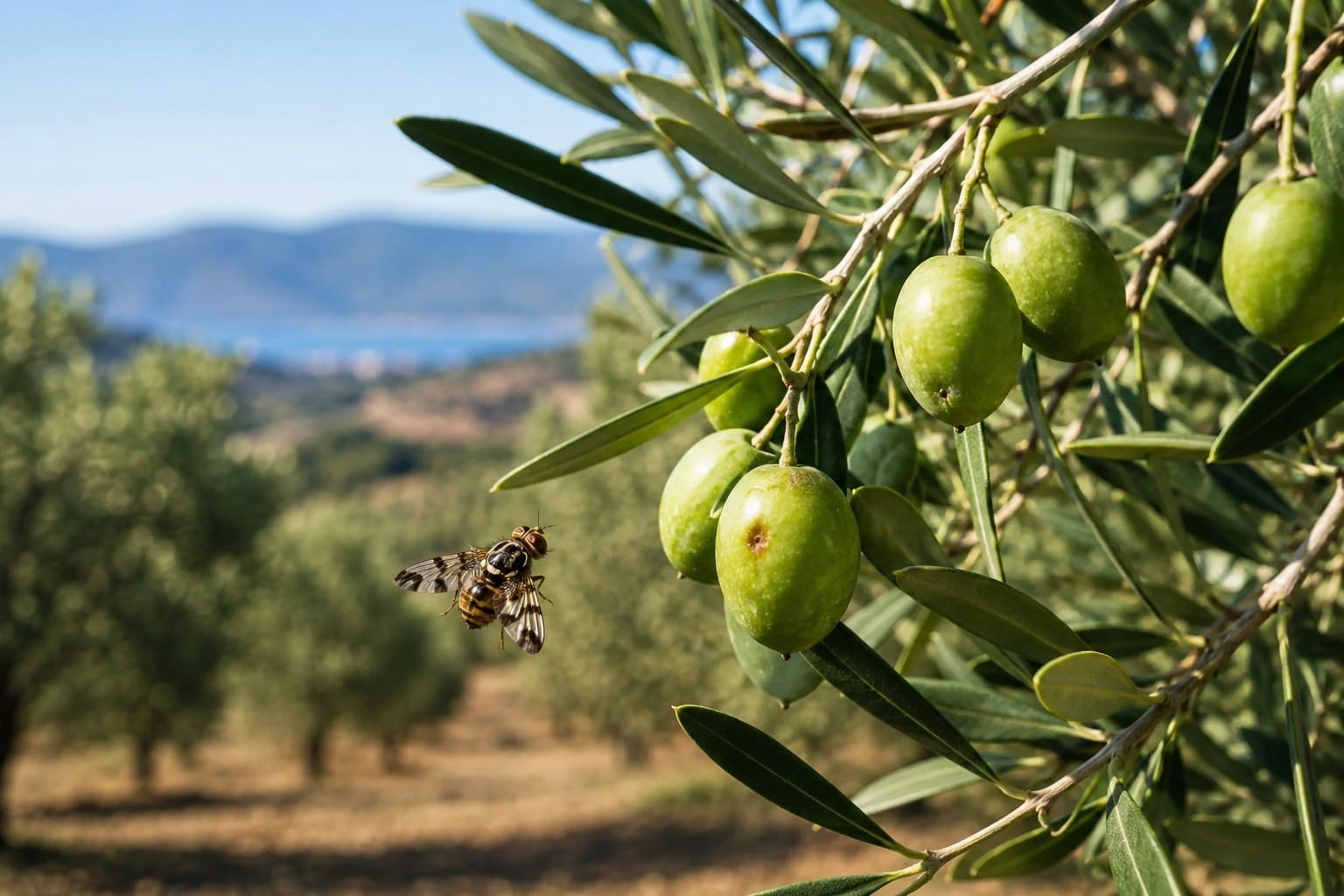 Zeytin dalındaki yeşil zeytinler ve zeytinlik manzarası.