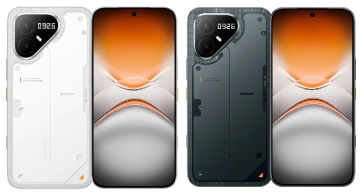 TECNO Pova 8 Pro modelinin ön ve arka yüzünü gösteren ürün görseli.