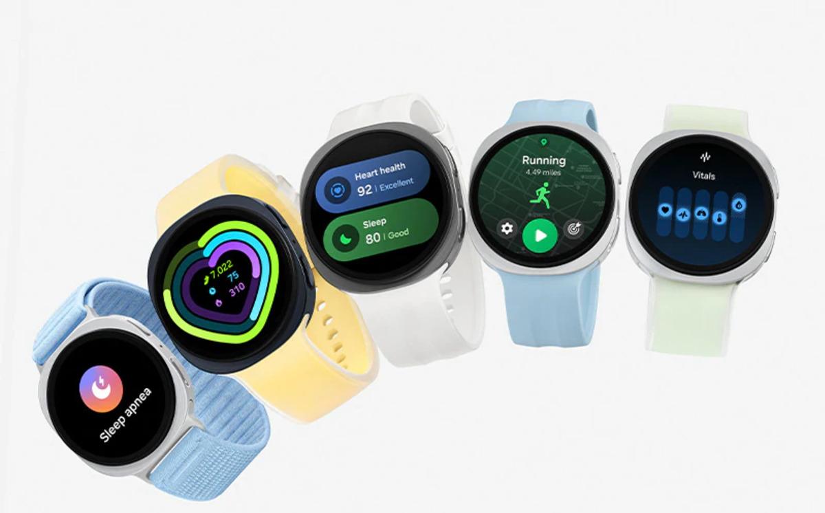 Galaxy Watch9 modellerinin farklı kayış renkleri ve sağlık-spor arayüzleri.